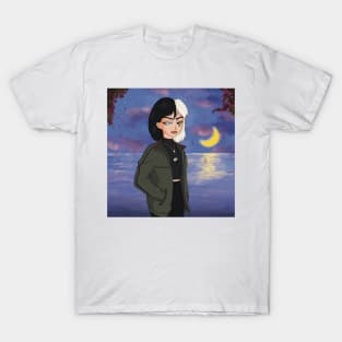 portrait yin yang girl lake moon flowers illustration aesthetic T-Shirt